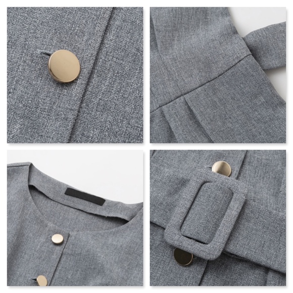 Belted Buttoned Office Grey Short Romper - Picture 6 of 9